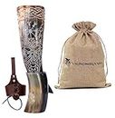 Authentic Handmade Viking Drinking Horn - Medieval Norse Ale Drinking Mug For Vikings with Stand - Hand Engraved Viking's Drink Cup - Food Safe Beer Horns (Odin & Vegvisir - 14 Inches), 2 Piece Set