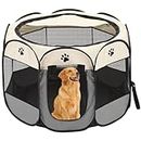 Qpets® Foldable Pet Playpen Breathable Indoor Pet Fence Pet Enclosure with Mesh Window for Cat Dog Movable Pet Delivery Room Detachable Zipper Mesh Shade Cover (114*114*58CM)