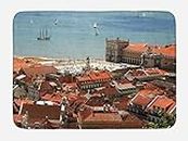 Ambesonne European Bath Mat, View of Central Lisbon Portugal with Rooftops and Sea Old Town Nostalgic City, Plush Bathroom Decor Mat with Non Slip Backing, 30.2" x 20", Multicolor