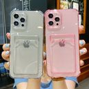 For iPhone 14 13 12 11 Pro Max XS 8 Wallet Card Holder Silicone Clear Case Cover