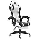 HLDIRECT Gaming Chair, Ergonomic Gaming Chairs for Adults, Video Game Chair with Footrest, Gamer Computer Chair with Highback Headrest and Lumbar Support, Swivel PU Leather Office Chair, White & Black