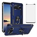 Phone Case for Samsung Galaxy Note 8 with Tempered Glass Screen Protector Cover Magnetic Stand Ring Holder Accessories Heavy Duty Rugged Protective Shockproof Glaxay Note8 Not Galaxies Gaxaly Blue