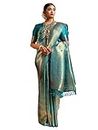 Sarees for Women Banarasi Kanjivaram Silk Indian Sari | Diwali Wedding Gift Woven Saree & Unstitched Blouse, Teal Blue, Saree & Non Stitched Blouse Piece