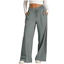 Women's Summer Casual Trousers Wide Leg Loose Fit Lounge Pants Exquisite Linen Solid Comfy Long Pants Drawstring Elasticated Waist Straight Pants with Pockets UK