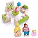 cobee Dollhouse Mini Furniture Set, 12 Pcs Miniature Wooden Doll House Furniture with 3 Family Dolls Figures, Dollhouse Living Room Accessories Dollhouse Decoration for Pretend Play