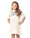 CHERRY CRUMBLE Cream Solid Floral Embroidered Cotton Three-Fourth Sleeves Frilled Girls Casual Floral Breezy Summer A-Line Dress | Dress for Baby/Toddler/Preschool/Kids/Teens/Children
