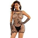 HGMMFZ Women Lace Sexy Lingerie One Piece Stretchy Fishnets Cut Out See Through Dress Pack Suitable for Weight 45-65kg with 1 Pair Gloves 3 Pack Black