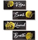4Pcs Yellow Bathroom Decor Yellow Rose Wall Decor Wooden Yellow Bathroom Accessories with Relax Soak Unwind Breathe Wall Art For Girl Women Bedroom Living Room Home Decoration (Yellow 10 X 4 Inch)