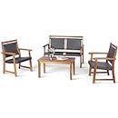 DORTALA 4 Piece Wood Patio Furniture Set, Outdoor Wicker Rattan Conversation Set with Chairs & Coffee Table for Garden, Backyard, Poolside
