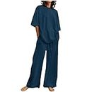 Women 2 Piece Linen Pants Set Summer Casual Plus Size Outfits Solid Short Sleeve Vacation Loose Fitted Lounge Set