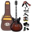 Pyle Semi Hollow Body Electric Guitar Set, 41.8" Full Size Jazz Instrument Kit with Gig Bag and Accessories, Matte Sunburst