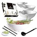 4 XL White bowls set, 16 Pieces Pho Bowl Set, Ramen Bowls with Black xl Spoons, Chopsticks and Sauce Dishes. Restaurant Quality Melamine, Large 52 oz for Noodles, Pho, Udon, Thai, Chinese dinnerware.