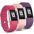 (3 Pack) T Tersely Watch Band Strap for Fitbit Charge 2, Classic Soft TPU Silicone Adjustable Replacement Bands Fitness Sport Bracelet Strap for Fitbit Charge2 (Rose+Purple+Pink, Small)