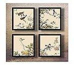 SAF paintings Set of 4 Couple Birds Sitting on Flowers UV Coated Home Decorative Gift Item Framed Painting 19 inch X 19 inch SET4_12-Floral