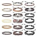 kakonia 18pcs Braided Leather Bracelets for Men Women Woven Cuff Wrap Bracelet Wood Beads Ethnic Tribal Bracelets Adjustable