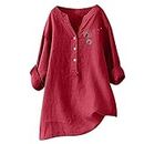 My-Account,Women's Feather Print Stand Up Collar Botton Fly Cotton Linen Long Sleeved Pure Shirt Warm Shirt Women (d-Red, XL)