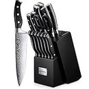 D.Perlla Knife Set, 14 Pieces Kitchen Knives Set with Self Sharpening Wooden Block, German Stainless Steel Knife Block Set with Steak Knives, Black