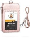 Leather Badge Holder with Lanyard,1 Clear ID Window and 3 Card Slots with Secure Snap Button Cover, 1 Zipper Wallet Pocket,1 Durable Nylon Lanyard for Offices ID,School ID, Credit Cards,Driver Licence