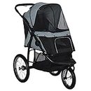 PawHut Pet Stroller Jogger for Medium, Small Dogs, Foldable Cat Pram Dog Pushchair w/Adjustable Canopy, 3 Big Wheels - Grey