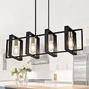Poroulux Farmhouse Kitchen Island Lighting Black Chandeliers for Dining Room Wooden Island Lights,Industrial Rectangle Light Fixtures Ceiling Hanging (4 Lights)