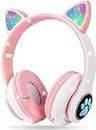 Kids Headphones, Cat Ear Kids Bluetooth Headphones, LED Light Up Over Ear Kids Wireless Headphones with HD Stereo Sound 105dB Volume Limited, Foldable Over-Ear Headphone for PC/Pad/School (Pink)