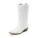 DREAM PAIRS Women's Cowboy Boots Pull On Cowgirl Boots Mid Calf Western Boots SDMB2218W WHITE Size 7 UK/9 US
