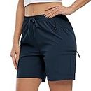 BASUDAM Women's Athletic Shorts Quick Dry Cargo Lightweight Zipper Pockets Summer Outdoor Hiking Running Navy L