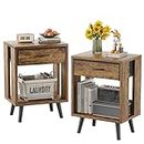 GYIIYUO Nightstands Set of 2 with Fabric Storage Drawer and Open Wood Shelf, Side Table with Storage for Bedroom, Bedside Tables - Rustic Brown
