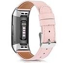 Tobfit Leather Band for Fitbit Charge 4 Bands for Women Men Top Grain Leather Replacement Watch Band for Fitbit Charge 4/3/SE (Pink)