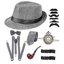LUFEIS 20s Men's Accessories, 20s Costume Men's Gatsby 1920 Men's Gatsby Costume Accessory Set with Elastic Adjustable Braces, Neck Bow, Red Panama Hat, Pocket Watch - Grey