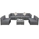 Welpatio 7 Piece Outdoor Patio Furniture Sets with Cushions, PE Rattan Wicker Outdoor Sectional Furniture Conversation Patio Set with Slat Coffee Table and 2 Pillows, Light Gray/Gray