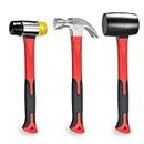 YIYITOOLS 3 Pcs Hammer Set,16oz Rubber Mallet,16oz Claw Hammer and 40mm Double Faced Soft Hammer with Shock Reduction Grip Fit for Indoor and Outdoor Furniture Decoration
