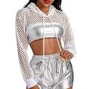SamHeng Women Fishnet Long Sleeve Crop Top See Through Mesh Blouses Pullover Hoodie Short T-Shirts for Party Clubwear Summer Beach Cover Up Halloween(White/L)