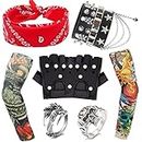 9Pcs Heavy Metal Rock Costume Set, Punk Gothic Rock Accessories with Fake Tattoo Sleeves Covers Bandana Black PU Gloves Bracelet Rings Fancy Dress for Women Men Adult Halloween Party Supplies