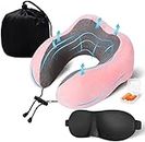 Travel Neck Pillow 100% Pure Memory Foam Pillow, Airplanes & Car Sleep Neck, Comfortable & Breathable Cover, Machine Washable, Travel Kit with Eye Masks, Earplugs, and Luxury Bag(Pink)