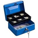 H&S Money Box Tin 6" Steel Cash Safe Box Petty Cash Deposit Tin with Lock 2 Keys - Blue