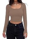 ABINGOO Women Square Neck Long Sleeve Crop Top Basic Ribbed Slim Fitted Knit Y2k Tee T-Shirt Casual Going Out Cropped Tops Brown,L