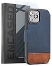 ENCASED Torno-S Flip Folio for iPhone 14 PRO Wallet Case with Card Holder Blue/Brown Leather (with Screen Protector)