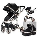3 in 1 Baby Travel System Pushchair Baby Stroller Portable Travel Baby Carriage Folding Baby Prams Aluminium Frame High Landscape Car for Newborn Babyboomer Poussette (Black Gold)
