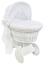 Hooded Wicker Wheel Baby Moses Basket Bassinet Crib with Full Cotton Bedding Set Liner Cover and Mattress - Dimple White/White
