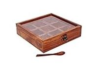 DELUX WOOD CARVER Spice Box with Spoon in Shesham Wood for Kitchen Indian 9 Container with glass Lid Decorative Masala Dabba Organizer Handmade/Storage Racks Jars// 9 containers 1 peice Brown