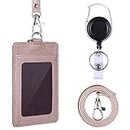 Wisdompro Badge Holder, 2-Sided PU Leather ID Badge Card Holder with 1 Clear ID Window and 2 Card Slots, 18.8 inch Neck Lanyard Strap and Carabiner Retractable Reel Clip - Rose Gold (Vertical)