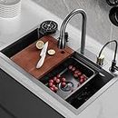 QIMAGE Kitchen Sink 30x18x9 INCH, Kitchen Sink With In-build Pull-Down Faucet and Rainfall Mode, 2 Baskets and Cutting Board, Black (Delux (SUS-US-SS-304)30X18)
