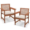 Set of 2 Patio Solid Wood Dining Arm Chair Slatted Conversation Seats W/ Cushion