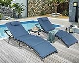 Furnimy Outdoor Wicker Lounge Chairs Set Recliners Lounge Chairs for Outside Adjustable Chaise Lounge Outdoor Rattan Reclining Chair for Poolside, Deck and Lawn (Expresso/Navy Blue)
