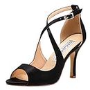 ElegantPark HP1820 Black Heels Strappy Sandals for Women Peep Toe High Heel Satin Party Prom Evening Dress Shoes Buckle US 7