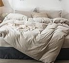 MooMee Bedding Duvet Cover Set 100% Washed Cotton Linen Like Textured Breathable Durable Soft Comfy (Tannish Linen Grey, Queen)