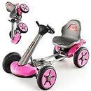 COSTWAY Electric Ride on Car, 12V Kids Go Kart with Adjustable Steering Wheels & Seat, Cup Holder, Flashing LED Lights, Folding Ride On Pedal Car Toy for Boys Girls (Pink)