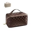 Portable Makeup Bag, Large Capacity Travel Cosmetic Bag, Multifunctional Travel Makeup Bag, Waterproof Leather Cosmetic Bag with Handle and Divider (Chessboard Brown)