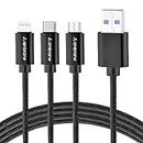 Ambrane Unbreakable 3 in 1 USB Fast Charging Cable with Type C, Lightning, Micro USB Port with 2.1 A, Compatible with iPhone, iPad, Samsung, OnePlus, Mi, Oppo, Vivo, Xiaomi, 1.25M (Trio-11, Black)